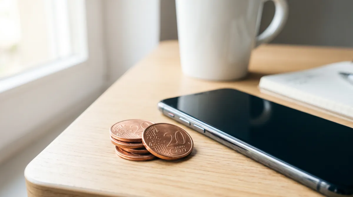 Pièces de monnaie posées sur une facture de téléphone — le prix du téléphone rose décodé